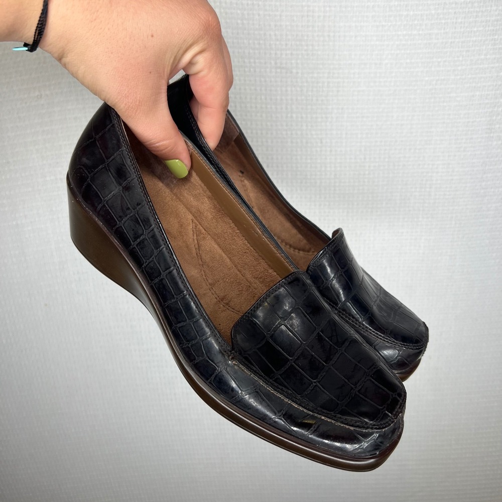 Aerosoles Dark Brown Croc Embossed Wedge Loafers Square Toe Shoes Womens 8.5